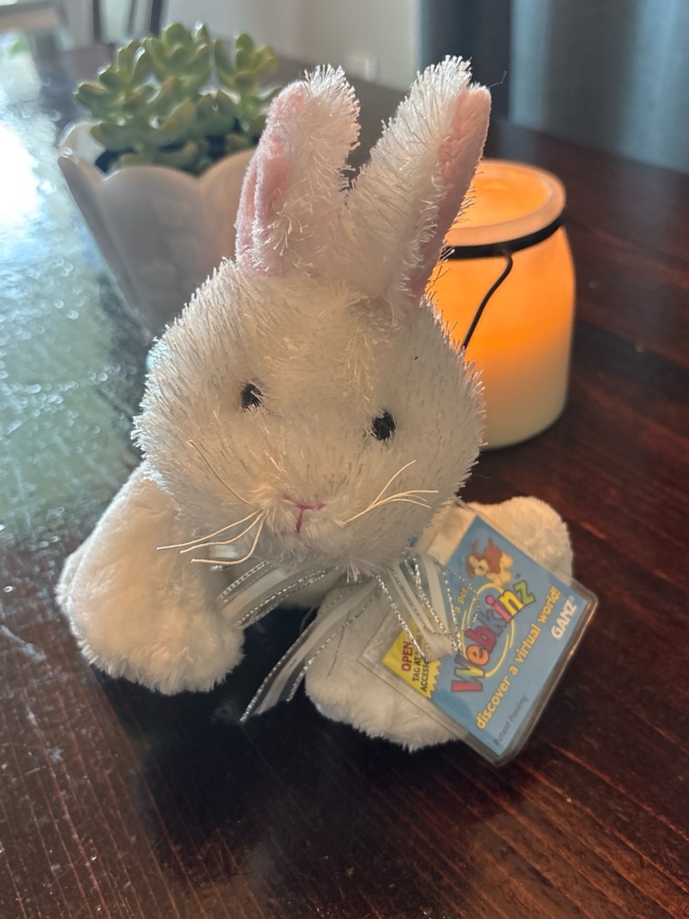 GANZ Webkinz White Plush Bunny with Pink Ear Accents and Silver Ribbon Bow